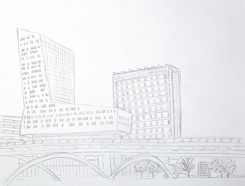 dessin de bâtiment au crayon